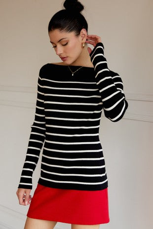 STRIPED BOAT NECK LONG SLEEVE TOP